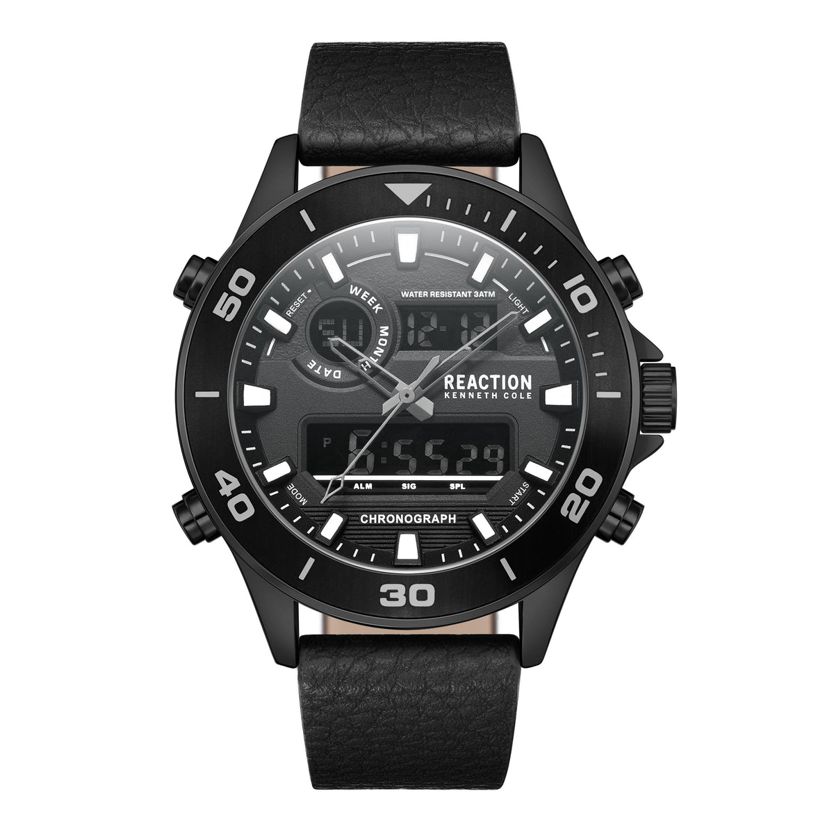 Kenneth Cole Reaction ANA-DIGIT Black Black Synthetic Leather Strap Sports Wear Watch for Men's - KRWGD9006601