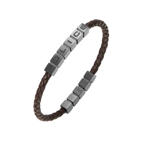 POLICE CROSSCHESS GREY IP SHINY BROWN LEATHER BRACELET FOR MEN - PEAGB0005016