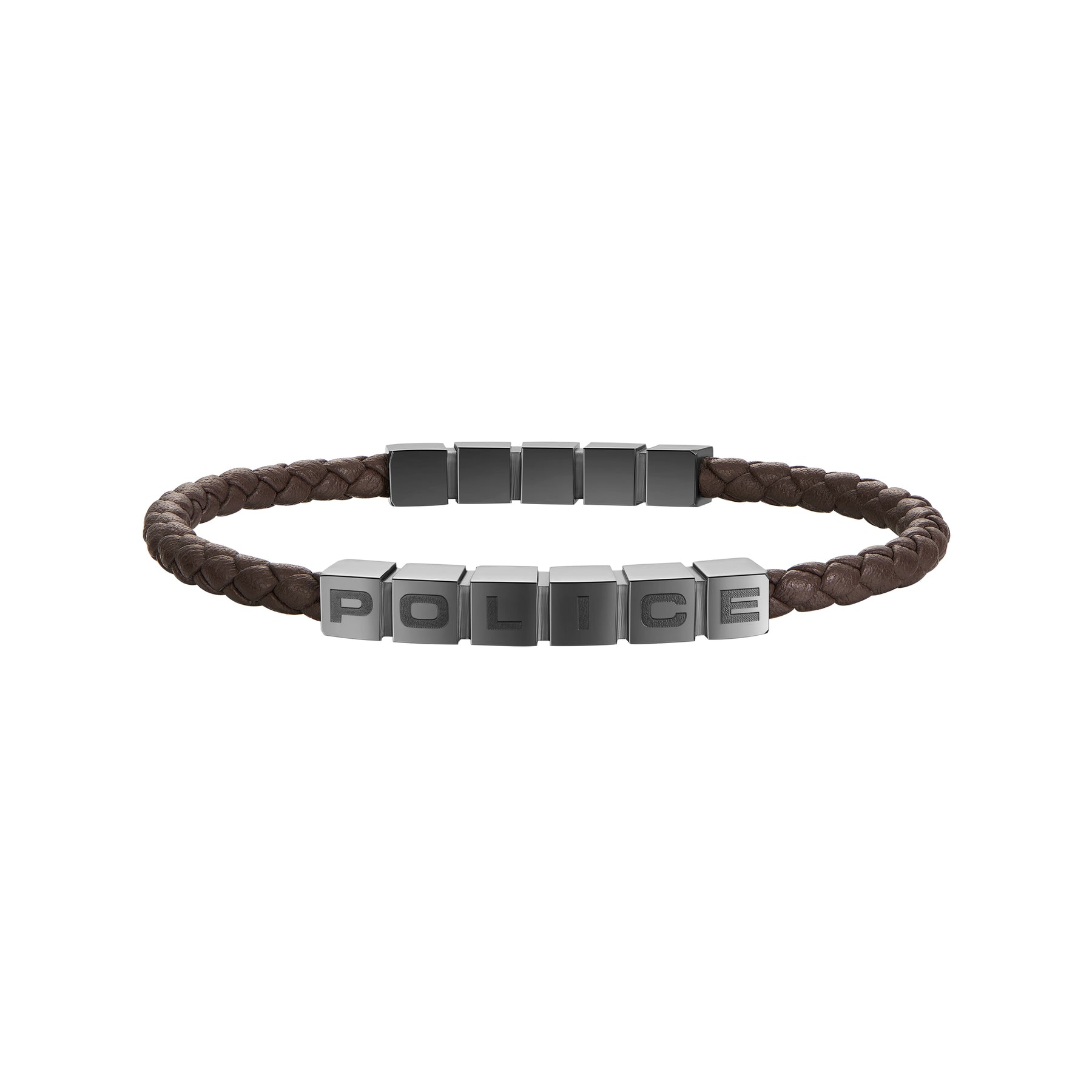 POLICE CROSSCHESS GREY IP SHINY BROWN LEATHER BRACELET FOR MEN - PEAGB0005016