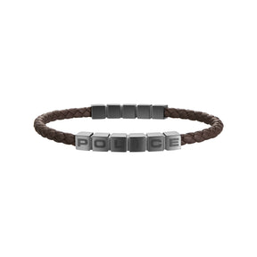 POLICE CROSSCHESS GREY IP SHINY BROWN LEATHER BRACELET FOR MEN - PEAGB0005016