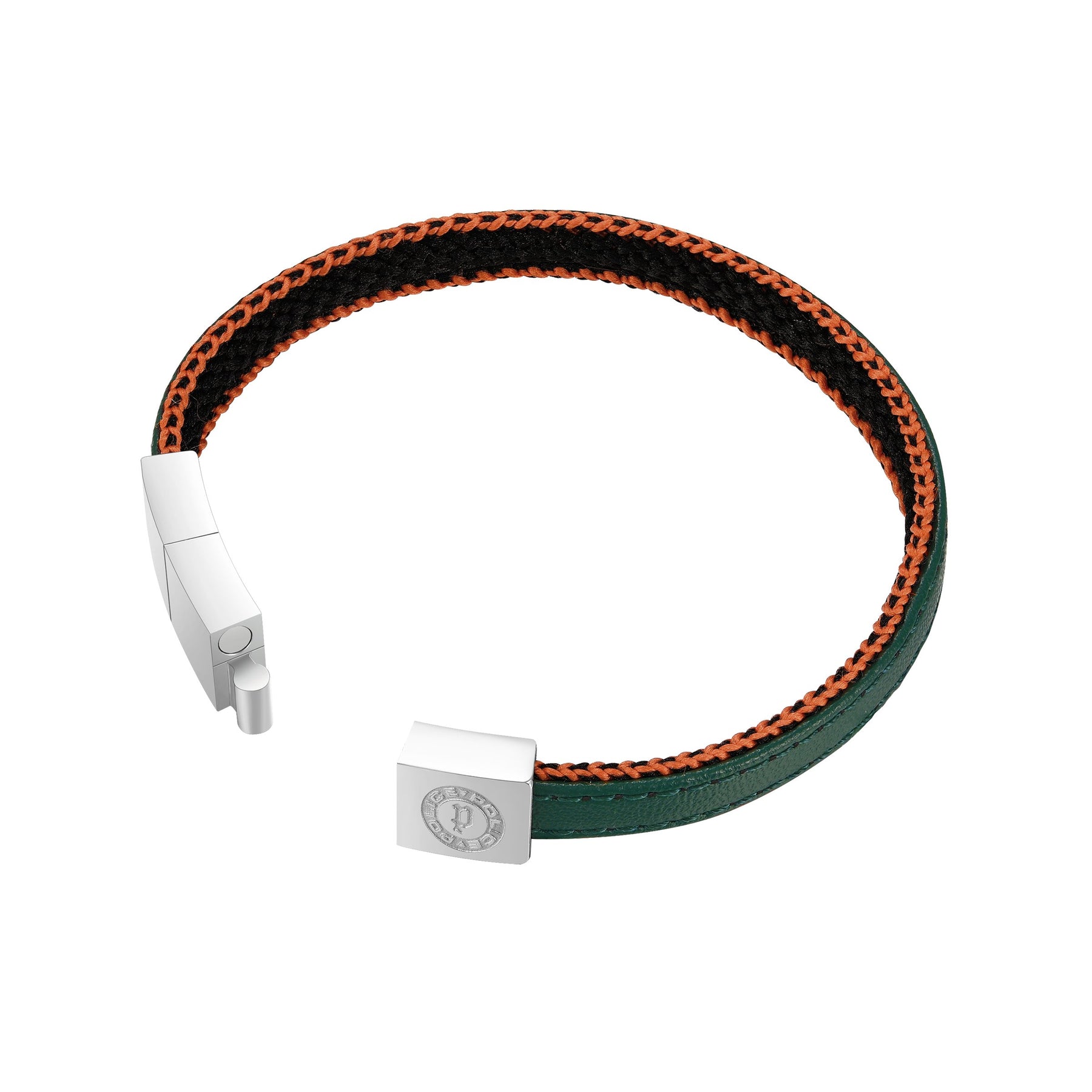 Police Intertwined Dark Green & Orange Stitch Leather Bracelet For Men - PEAGB0033002