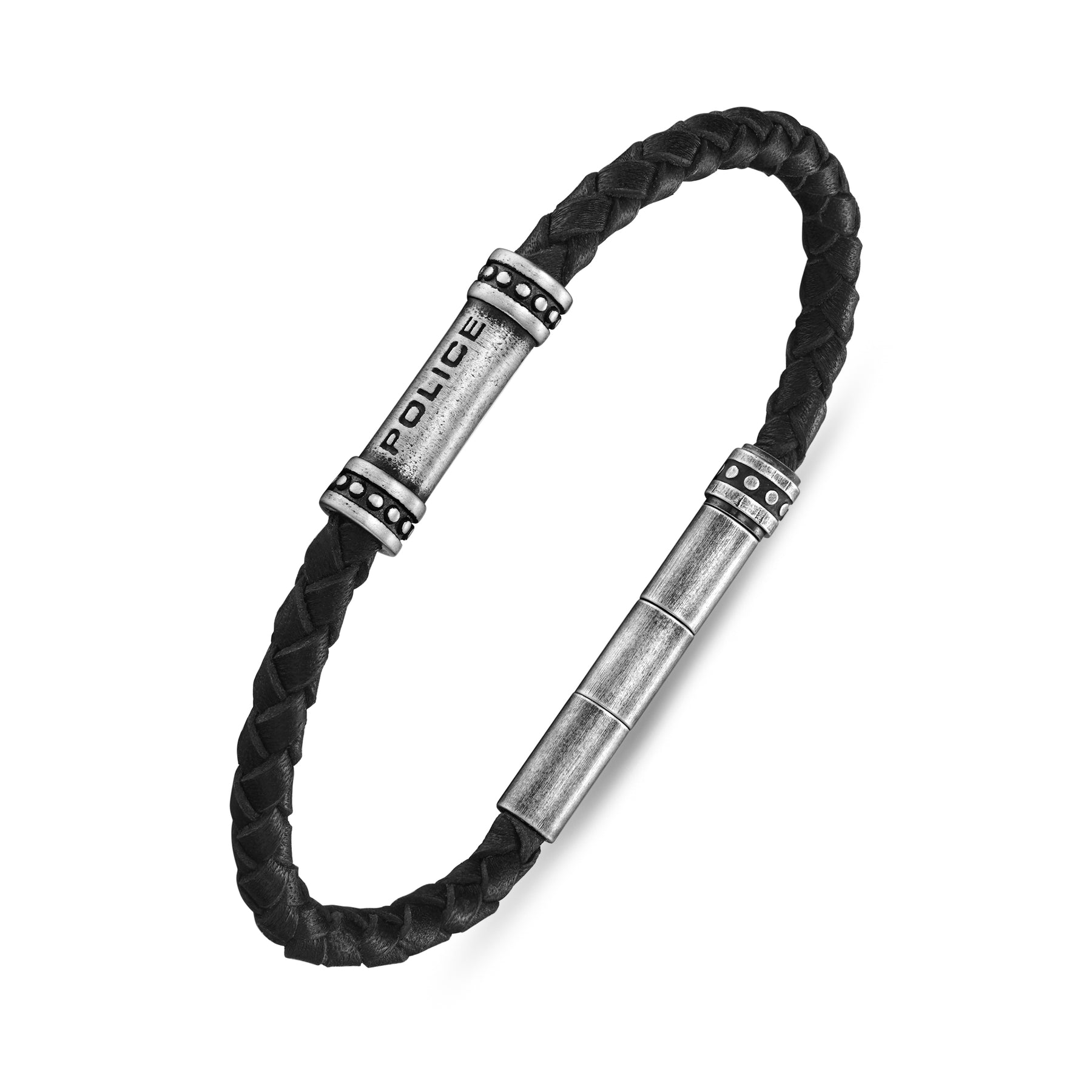 POLICE BARRELL ANTIQUE BLACK LEATHER MAGNETIC BRACELET FOR MEN - PEAGB0035003