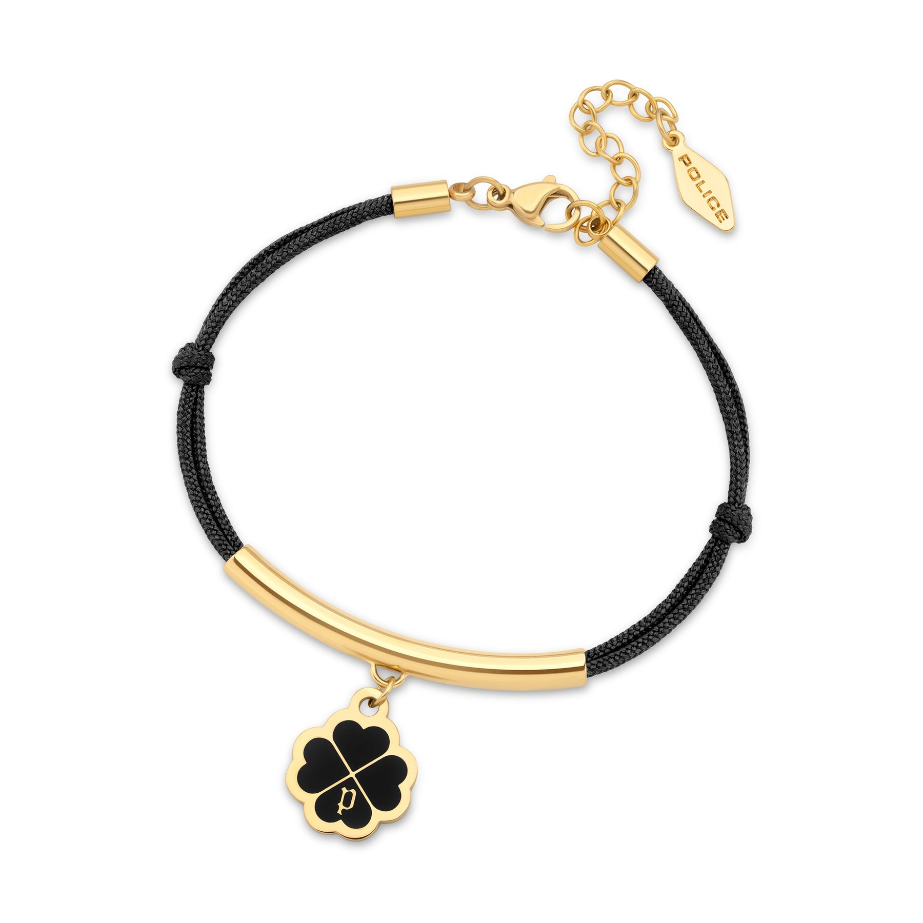 Police Flora Clover Charm Black Enamel & Cord Gold Plated Bracelet For Women - PEJLB0003204