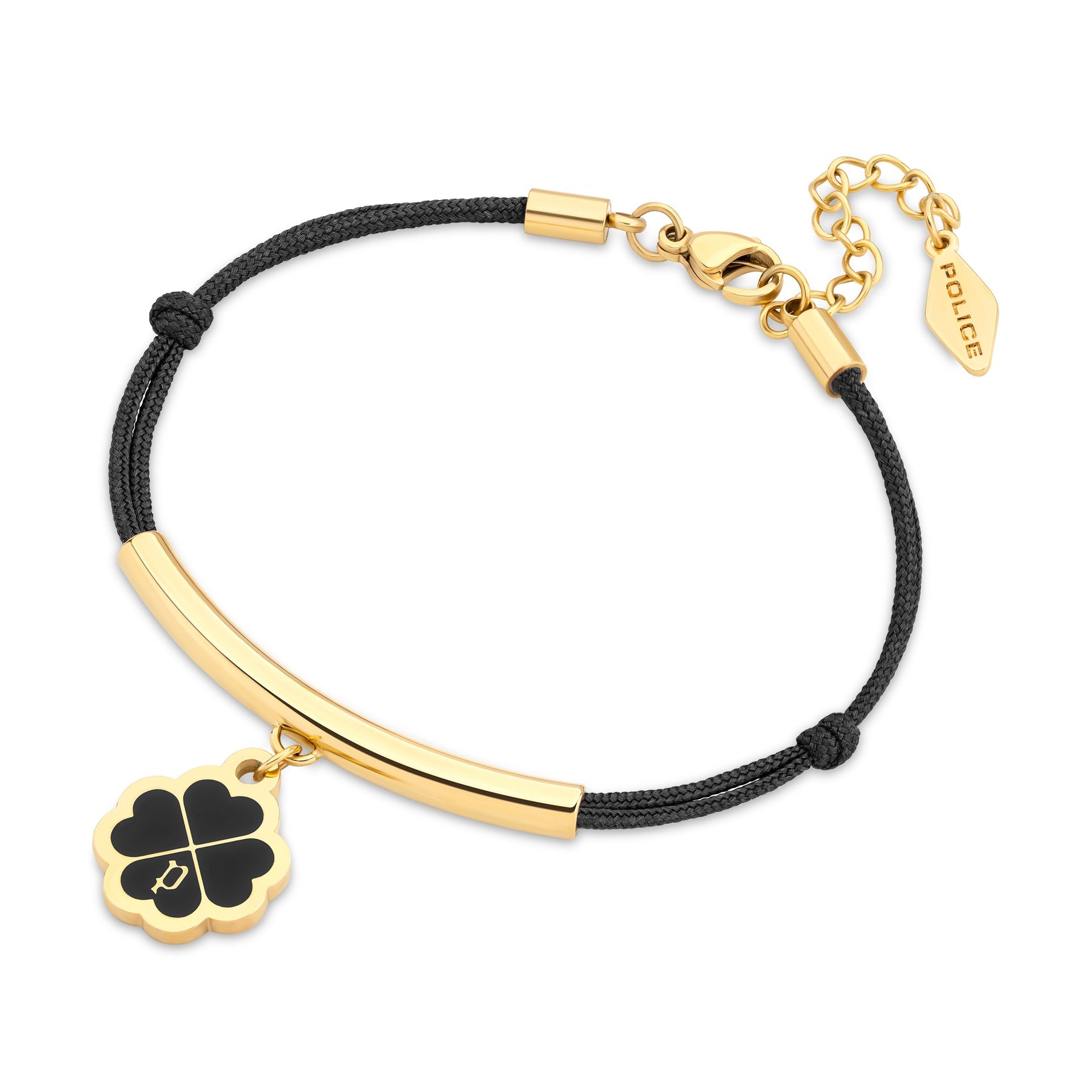 Police Flora Clover Charm Black Enamel & Cord Gold Plated Bracelet For Women - PEJLB0003204