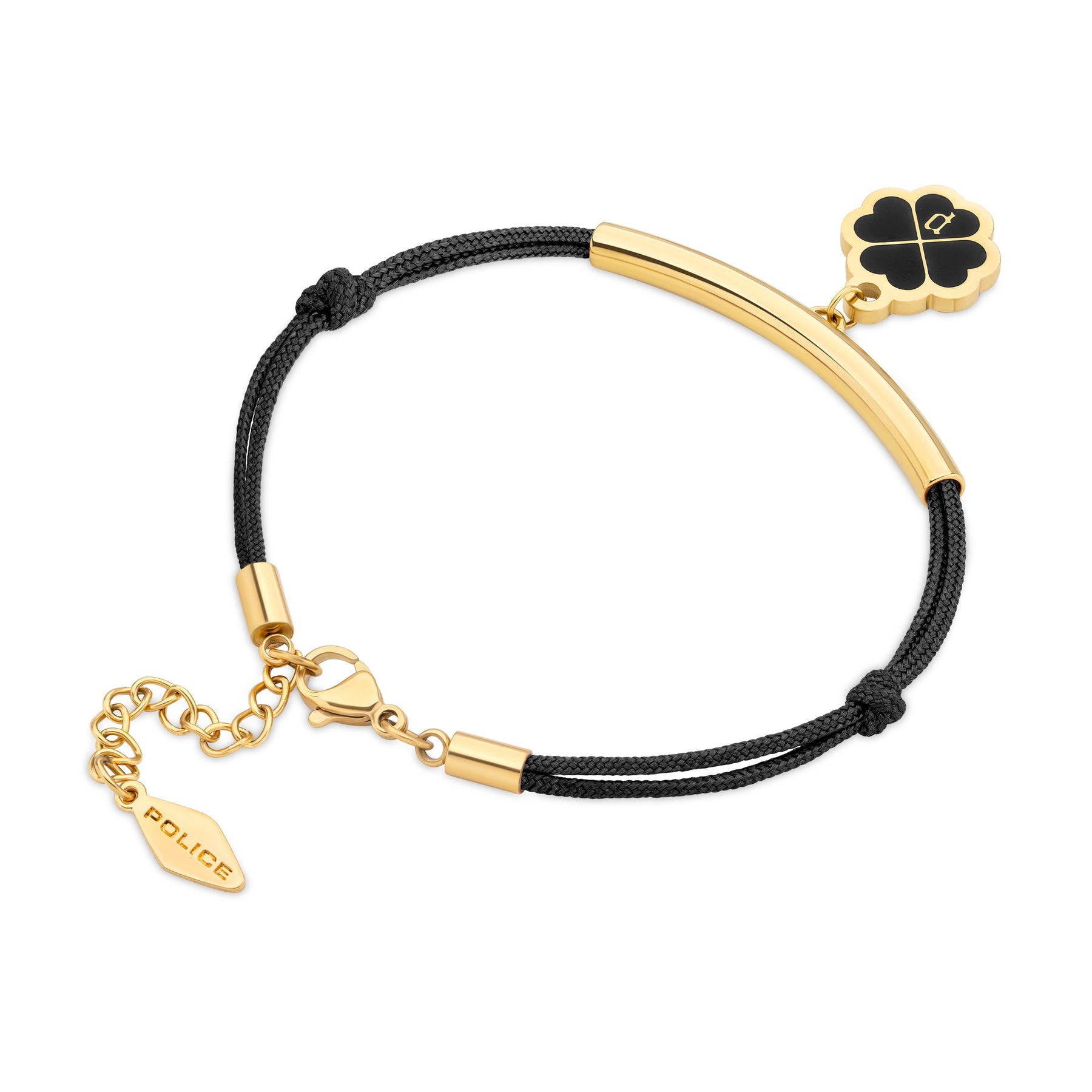 Police Flora Clover Charm Black Enamel & Cord Gold Plated Bracelet For Women - PEJLB0003204