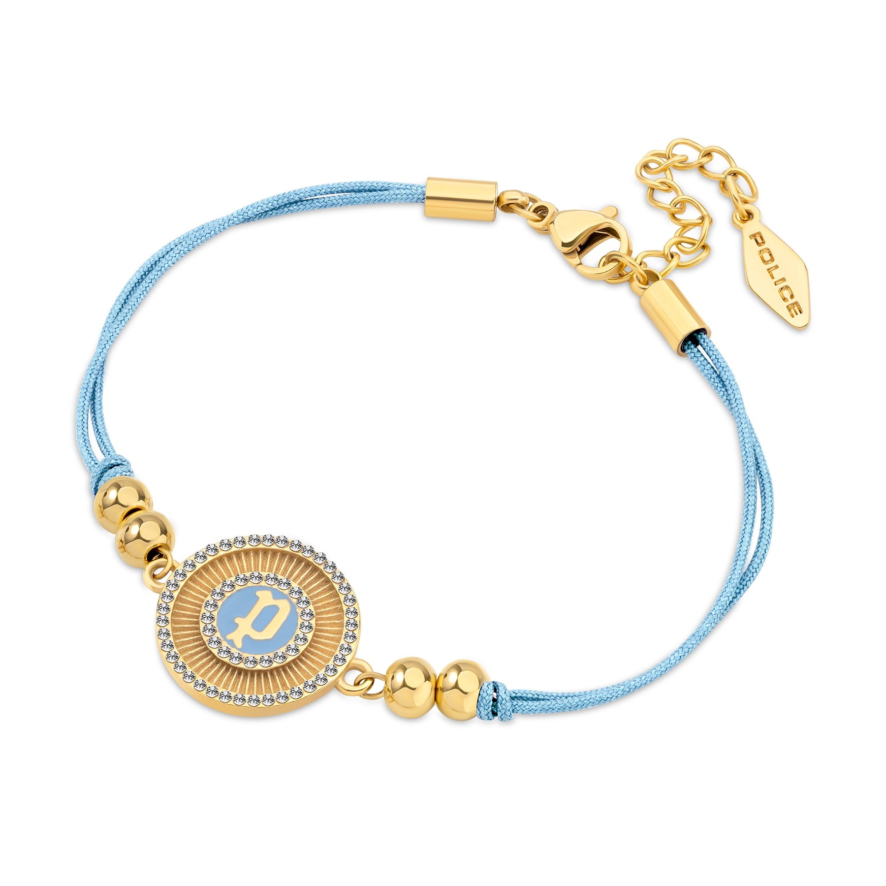 Police Luck Light Blue Crystal With Double Cord Gold Plated Bracelet For Women - PEJLB0003604