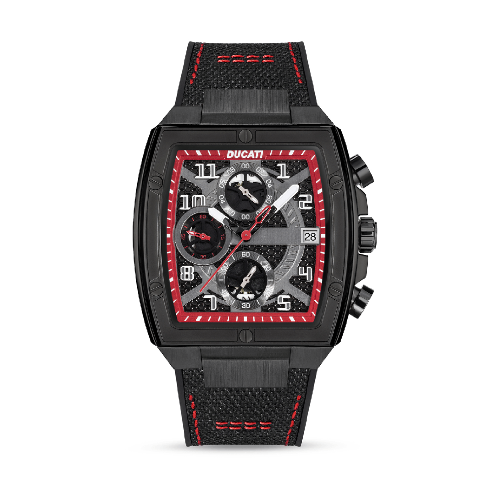 Ducati Chronograph Quartz Watch With Black And Red Contrast Stitched Leather Strap